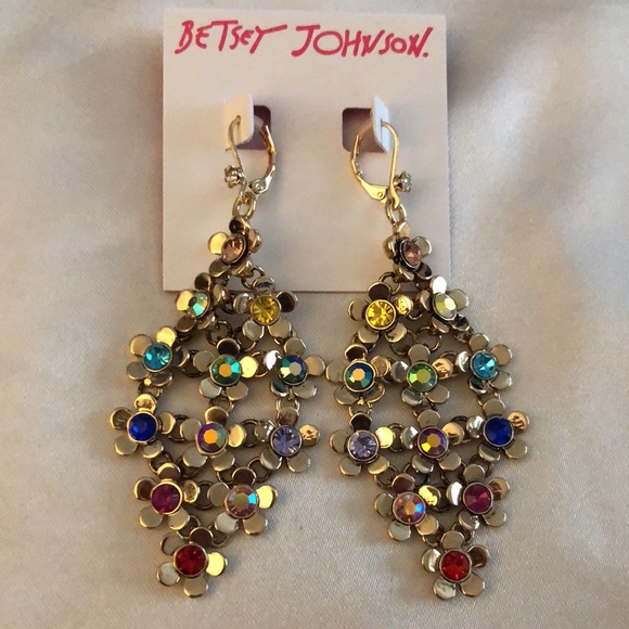 Betsey Johnson Gold Tone Flower Fest Chandelier Drop Earrings Crystal Accent NWT - Picture 3 of 12
